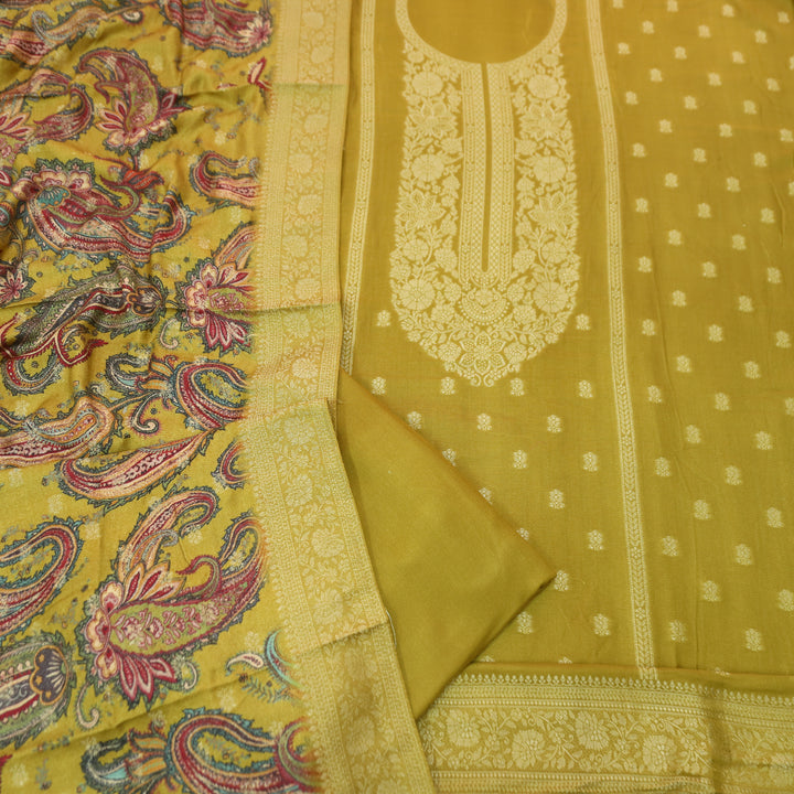 रुक्मणी Dandelion Yellow Zari Weaved in Panel Style Work Semi Pashmina Winter Suit Set