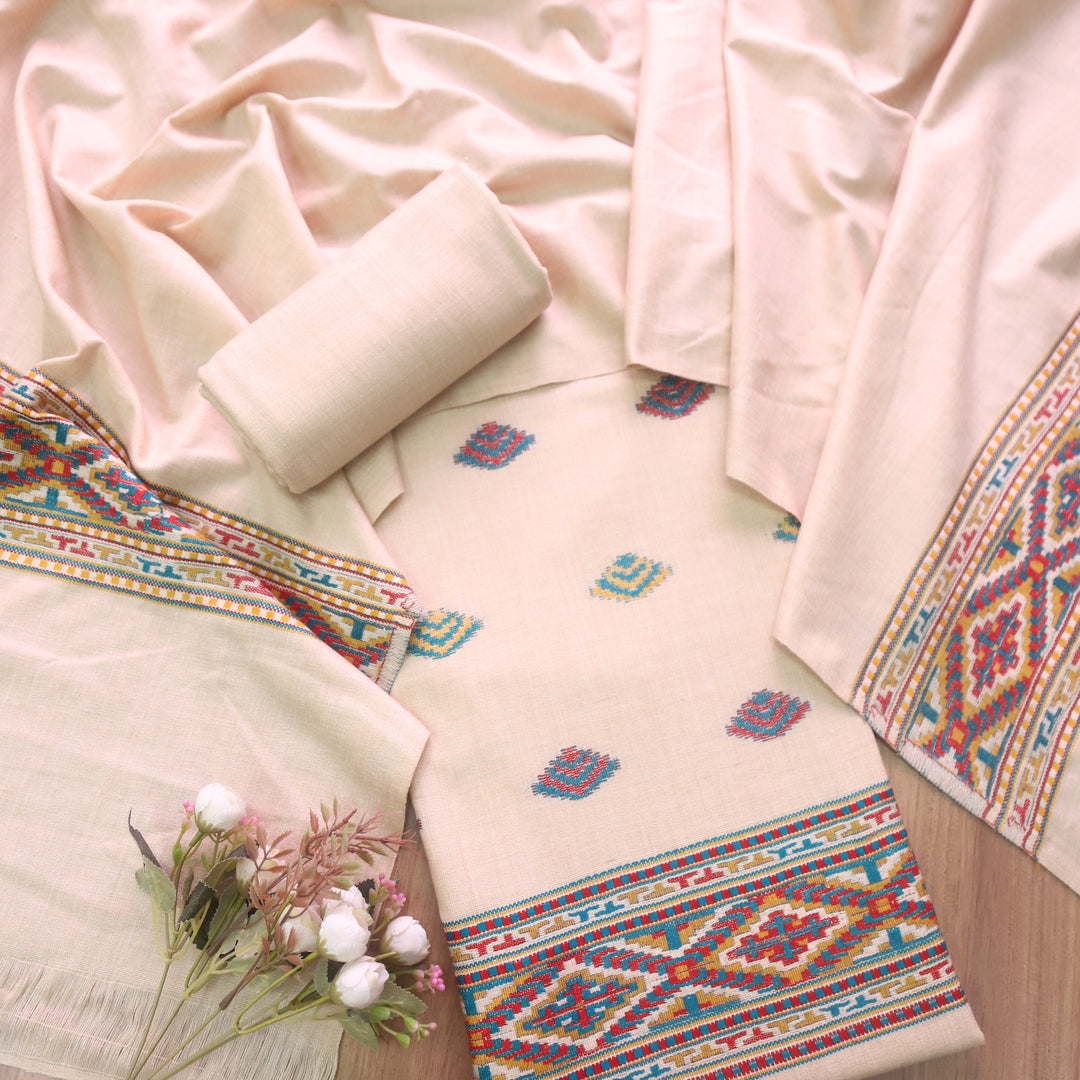 Kranti Hazel Latte Kullu Thread Weaved Hem Semi Pashmina Winter Suit Set