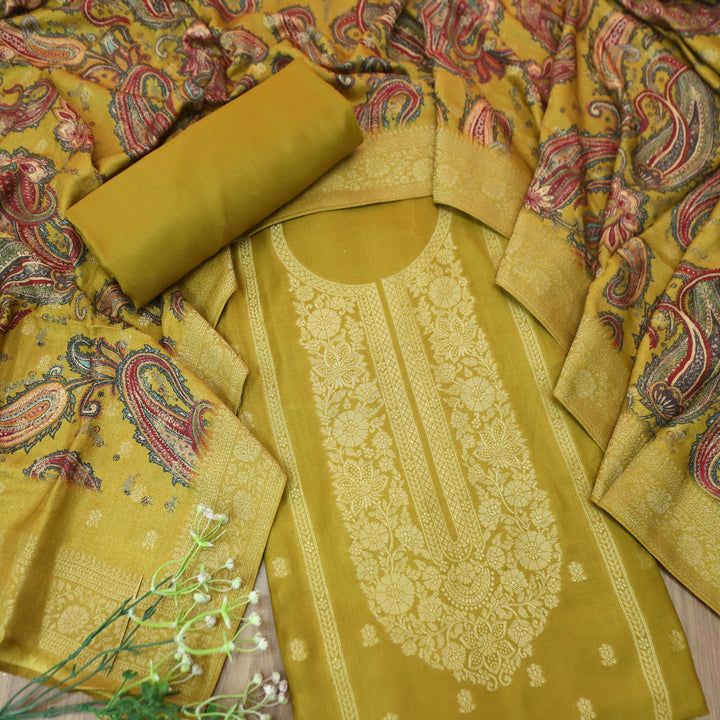 रुक्मणी Dandelion Yellow Zari Weaved in Panel Style Work Semi Pashmina Winter Suit Set