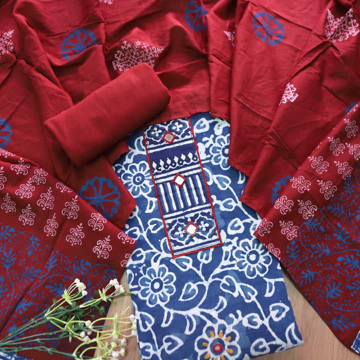 Meenakshi Indigo Blue Kutch Mirror Patch Work Dabu Printed Cotton Suit Set D1