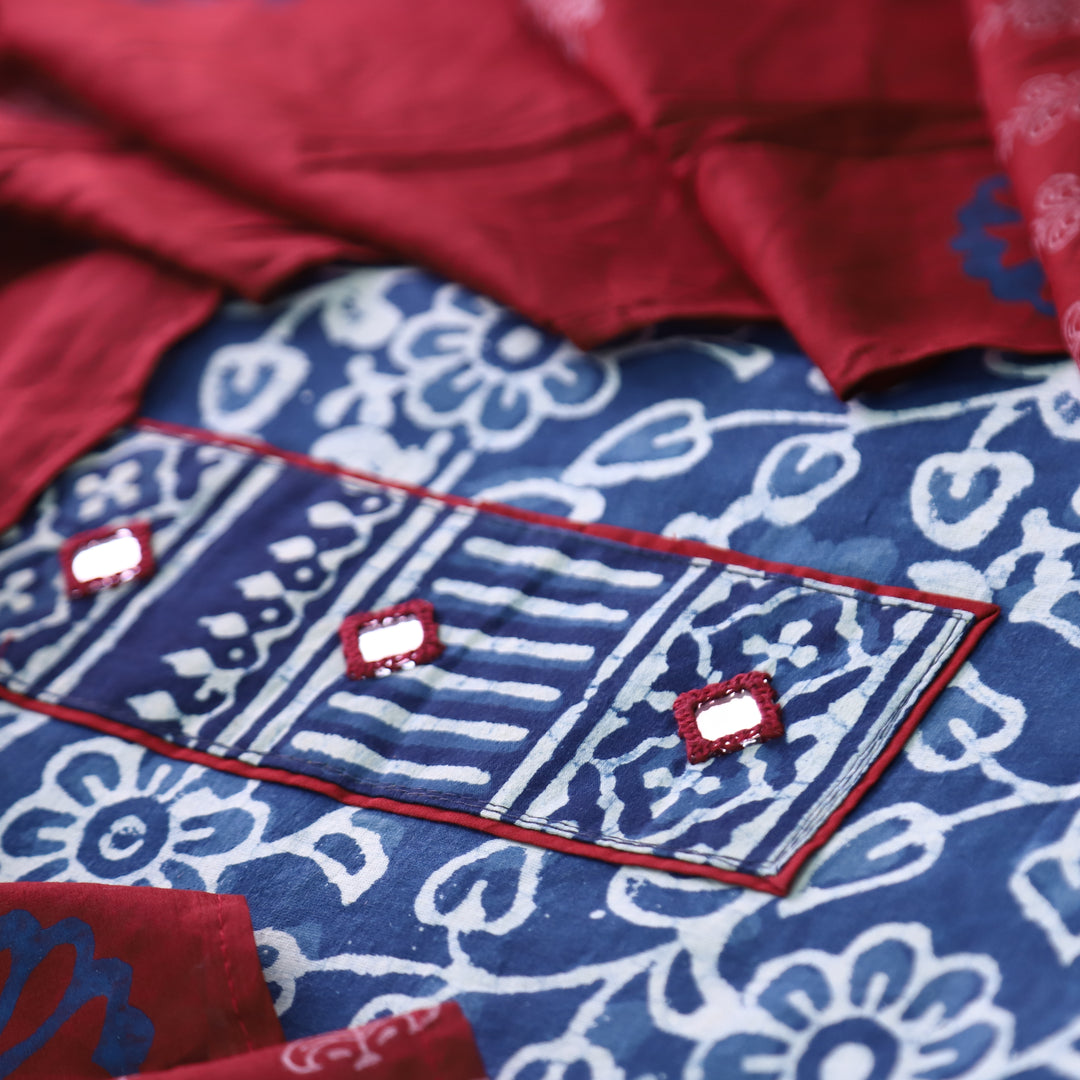 Meenakshi Indigo Blue Kutch Mirror Patch Work Dabu Printed Cotton Suit Set D1