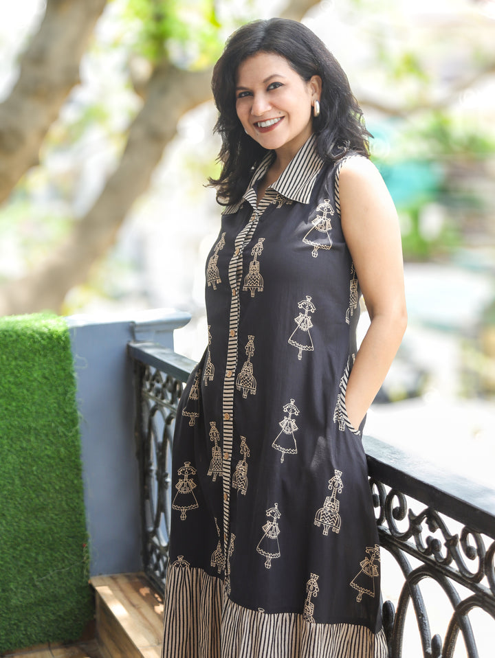 Asya Black Sleeveless Doll Print Cotton Dress