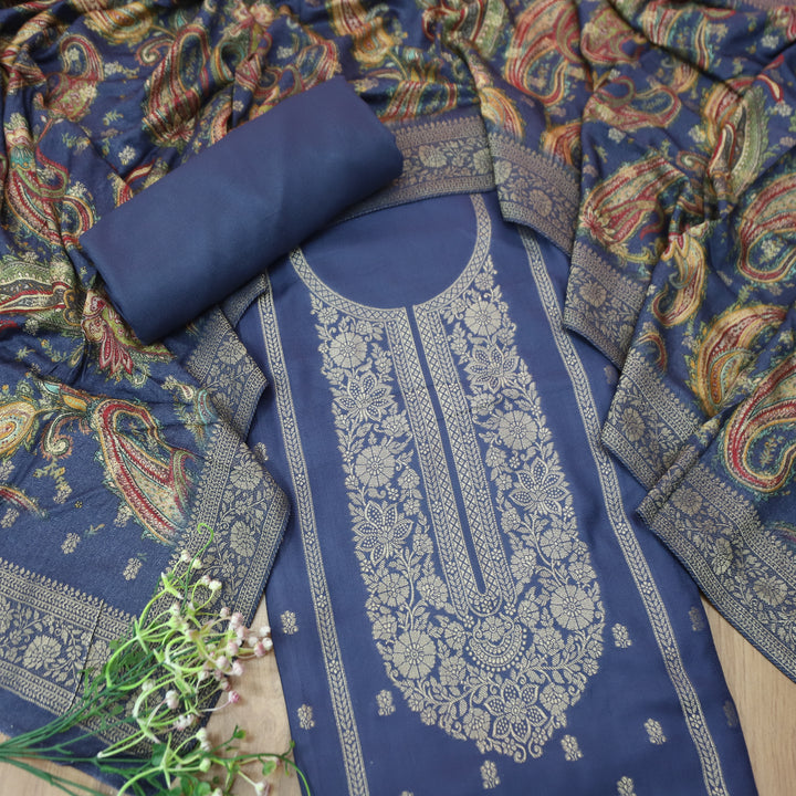 रुक्मणी Sapphire Blue Zari Weaved in Panel Style Work Semi Pashmina Winter Suit Set