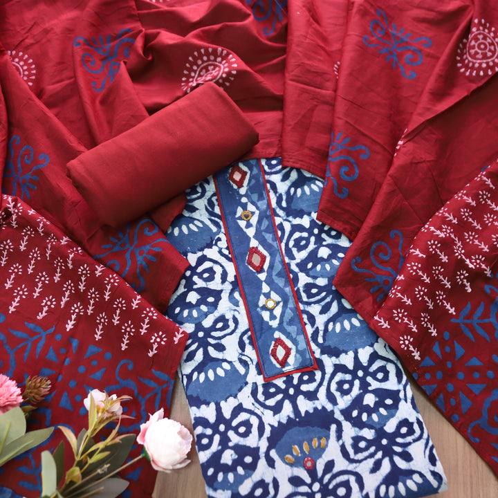 Meenakshi Indigo Blue Kutch Mirror Patch Work Dabu Printed Cotton Suit Set D2