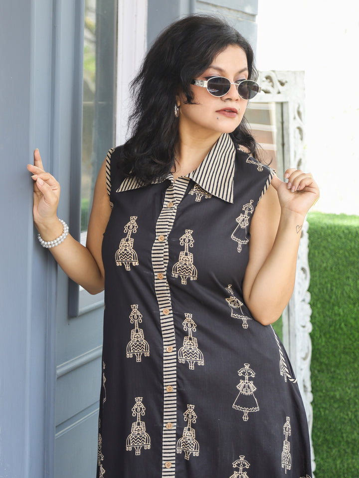 Asya Black Sleeveless Doll Print Cotton Dress