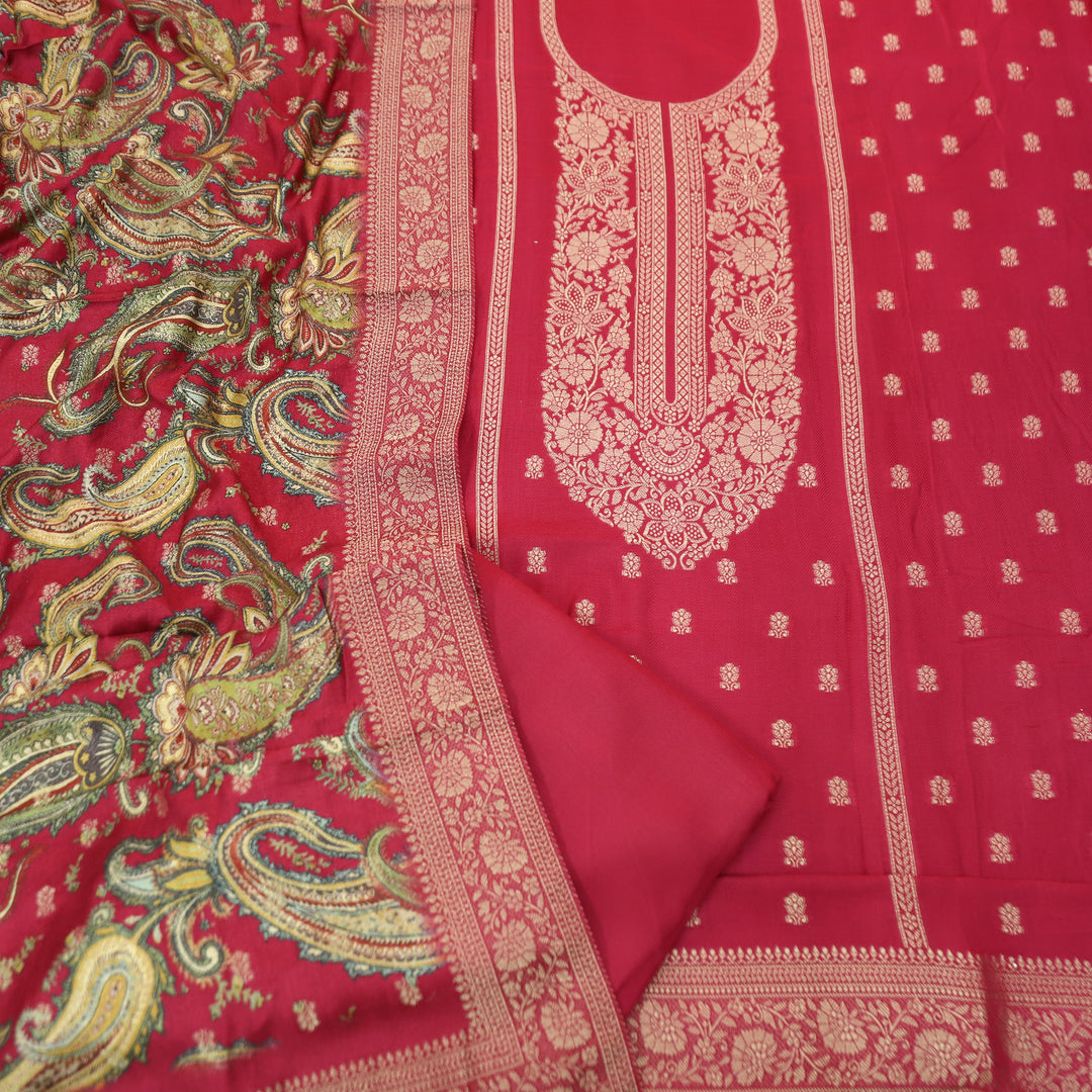 रुक्मणी Rani Pink Zari Weaved in Panel Style Work Semi Pashmina Winter Suit Set