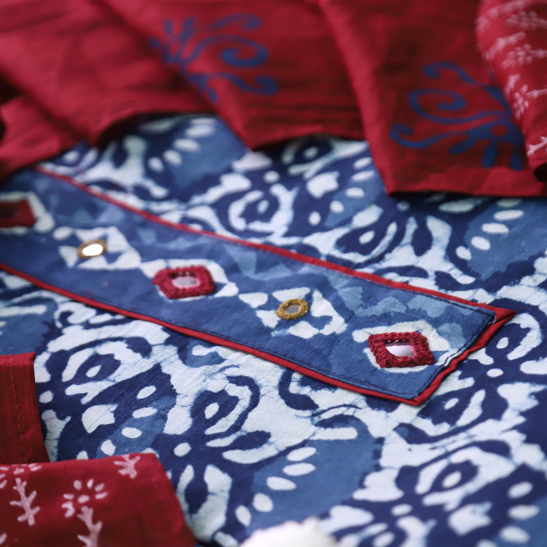 Meenakshi Indigo Blue Kutch Mirror Patch Work Dabu Printed Cotton Suit Set D2