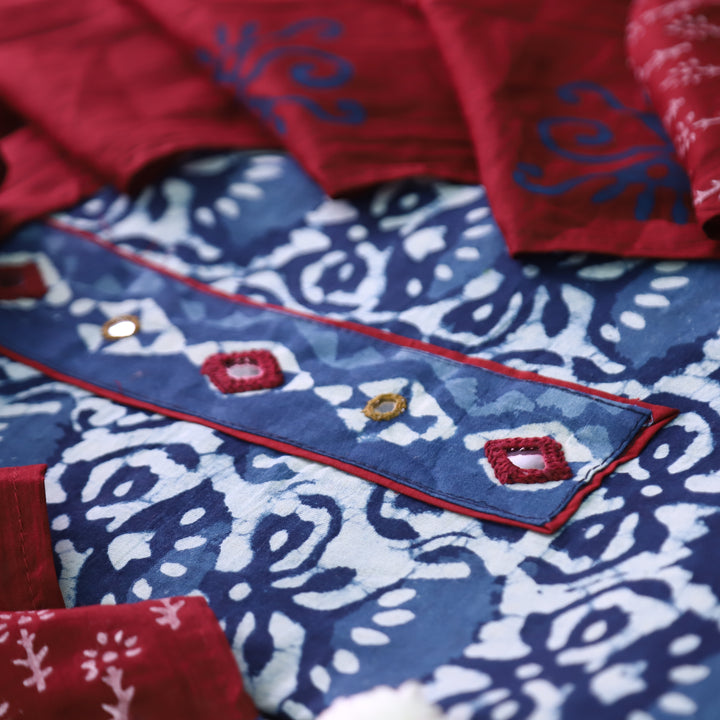 Meenakshi Indigo Blue Kutch Mirror Patch Work Dabu Printed Cotton Suit Set D2