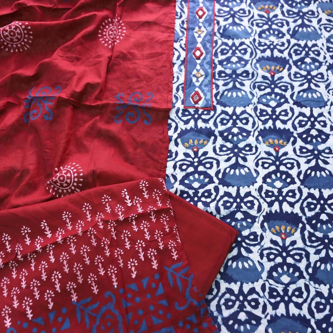Meenakshi Indigo Blue Kutch Mirror Patch Work Dabu Printed Cotton Suit Set D2