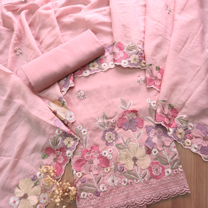Mannat Rose Mauve Thread Embroidered Hem Mul Chanderi Set