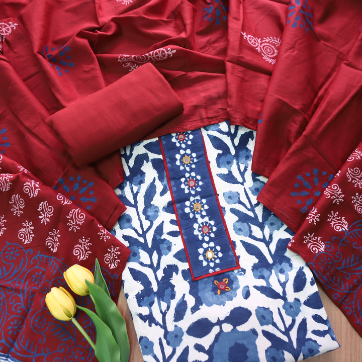 Meenakshi Indigo Blue Kutch Mirror Patch Work Dabu Printed Cotton Suit Set D3