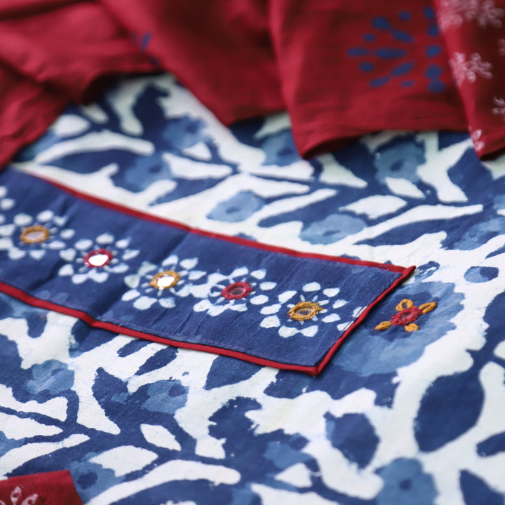 Meenakshi Indigo Blue Kutch Mirror Patch Work Dabu Printed Cotton Suit Set D3