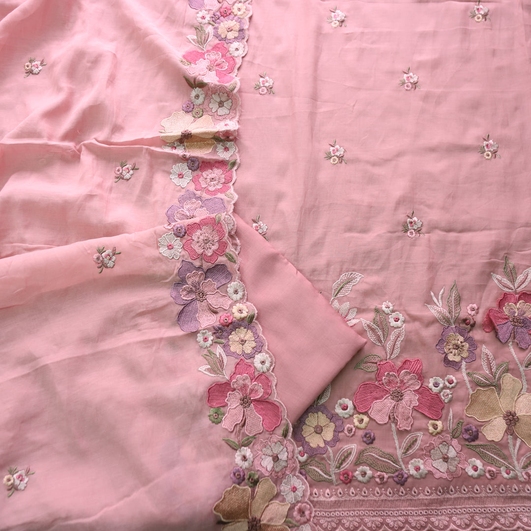 Mannat Rose Mauve Thread Embroidered Hem Mul Chanderi Set
