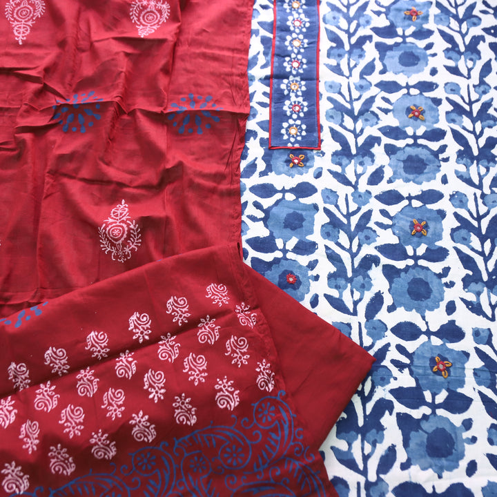 Meenakshi Indigo Blue Kutch Mirror Patch Work Dabu Printed Cotton Suit Set D3