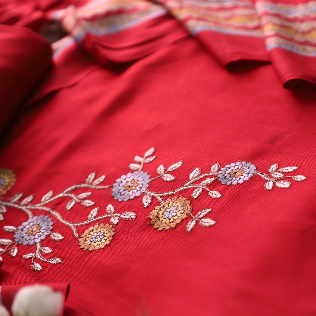 निकुंज Cherry Red Balanced By Floral Embroidery Work Semi Pashmina Winter Set