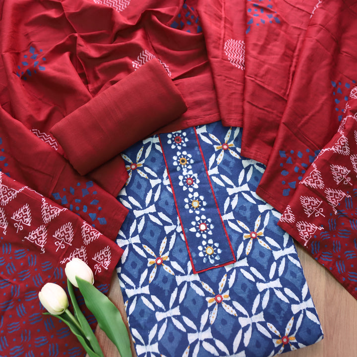 Meenakshi Indigo Blue Kutch Mirror Patch Work Dabu Printed Cotton Suit Set D4