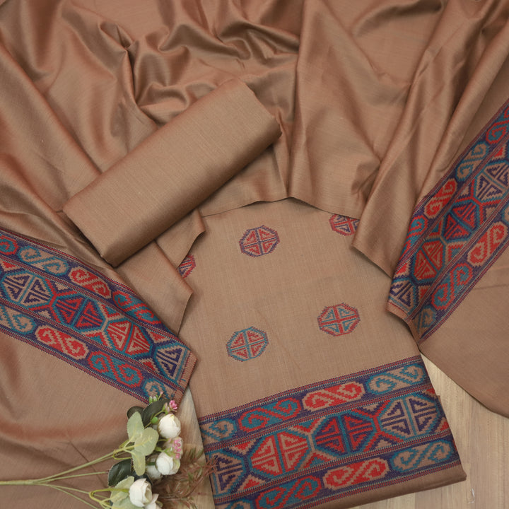 Kranti Mocha Brown Kullu Thread Weaved Hem Semi Pashmina Winter Suit Set