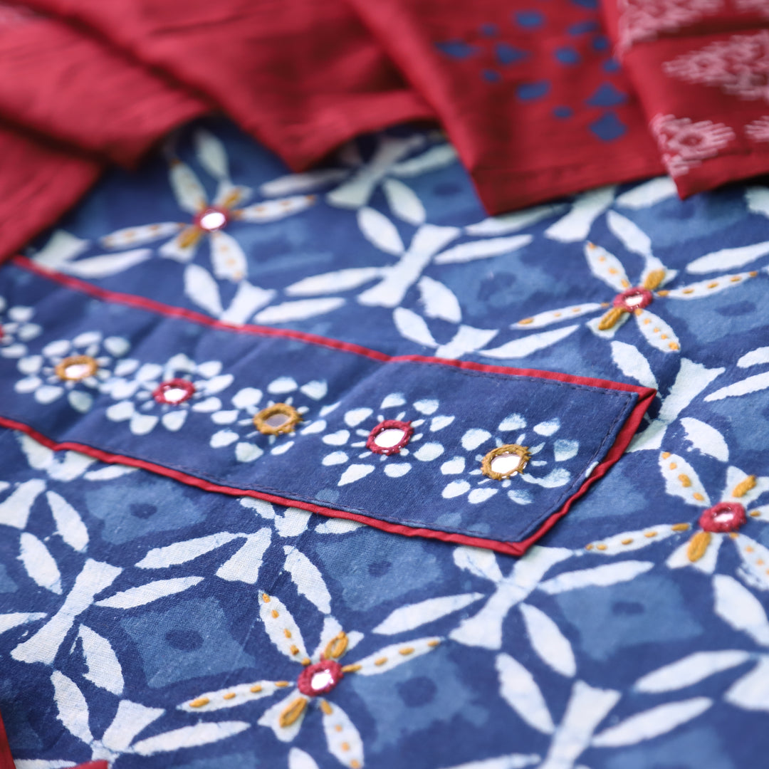 Meenakshi Indigo Blue Kutch Mirror Patch Work Dabu Printed Cotton Suit Set D4