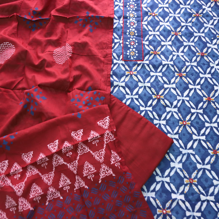 Meenakshi Indigo Blue Kutch Mirror Patch Work Dabu Printed Cotton Suit Set D4