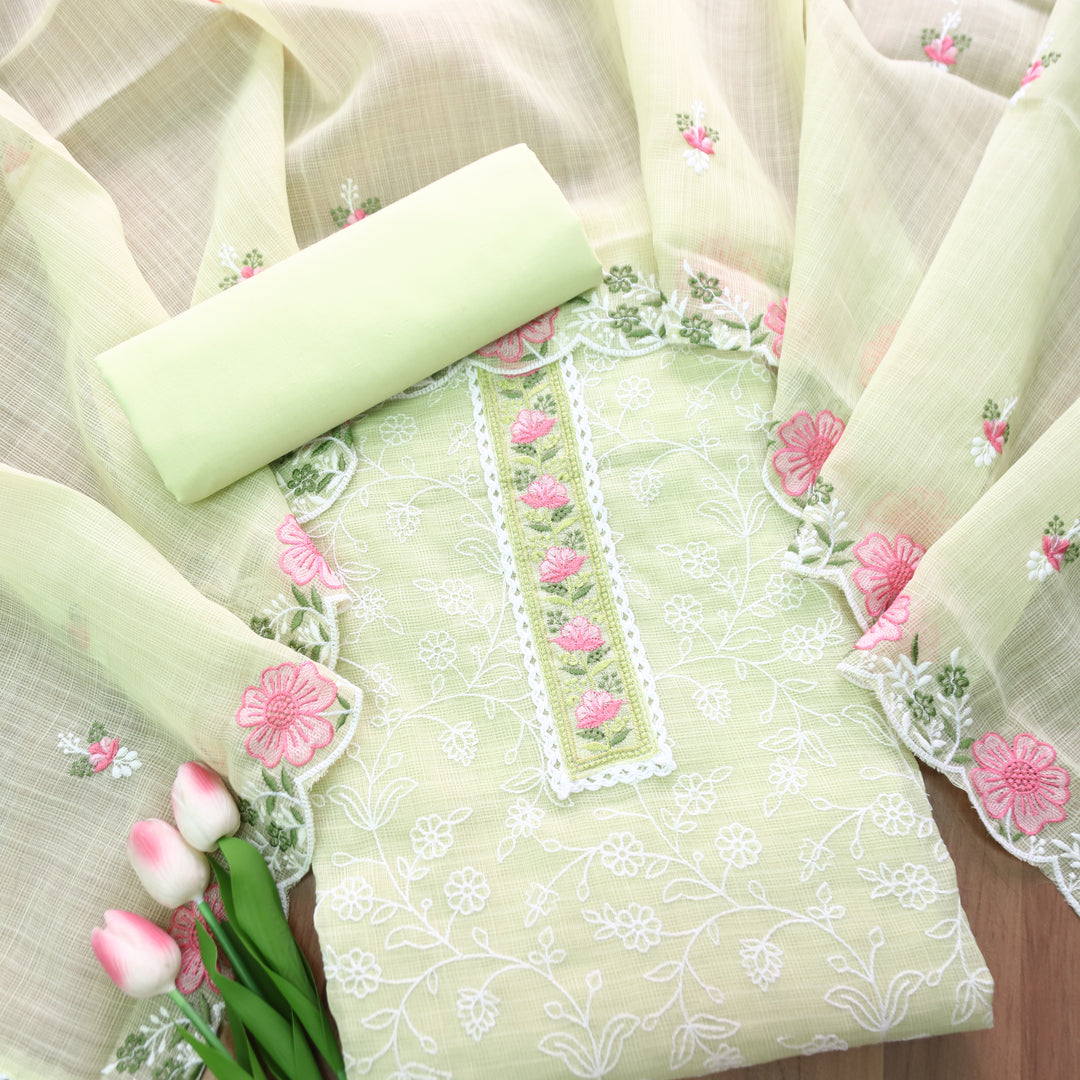 Mahi Minty Green Floral Lace Patch in All Over Embroidered Kota Doriya Suit Set