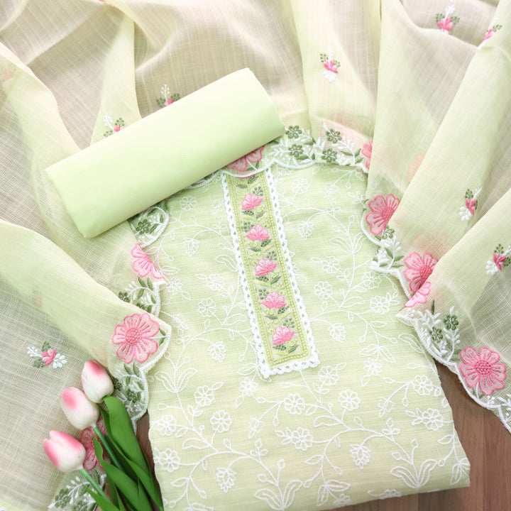 Mahi Minty Green Floral Lace Patch in All Over Embroidered Kota Doriya Suit Set