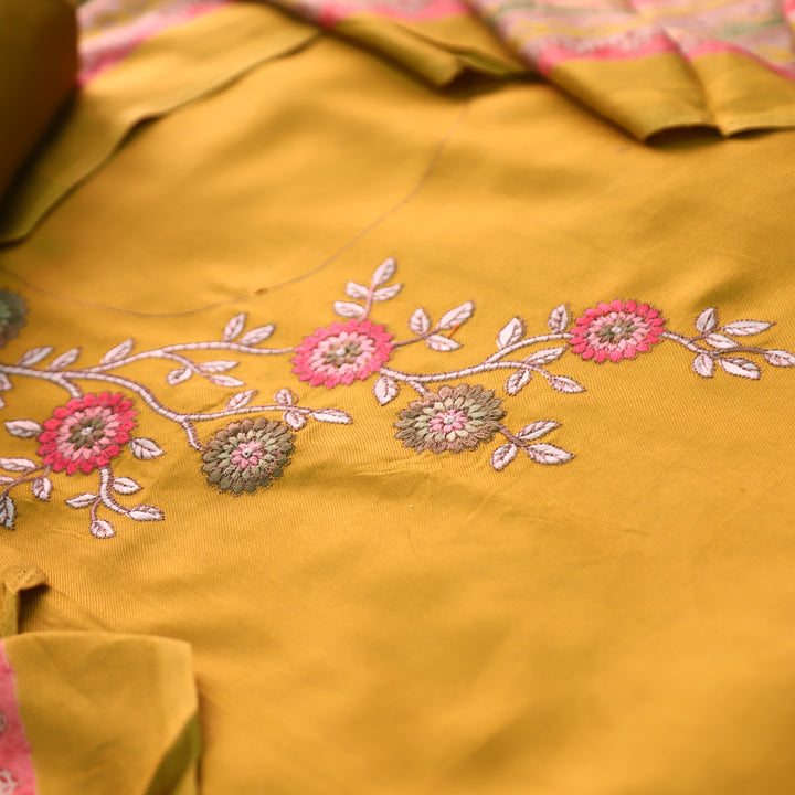 निकुंज Turmeric Yellow Balanced By Floral Embroidery Work Semi Pashmina Winter Set