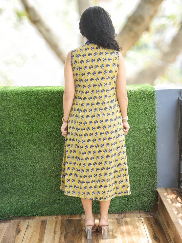 Eyana Butter Yellow Ajrakh Print Cotton Dress