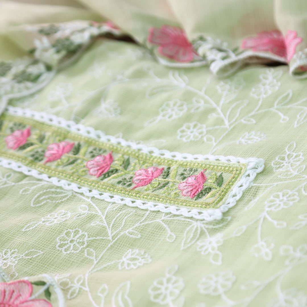 Mahi Minty Green Floral Lace Patch in All Over Embroidered Kota Doriya Suit Set