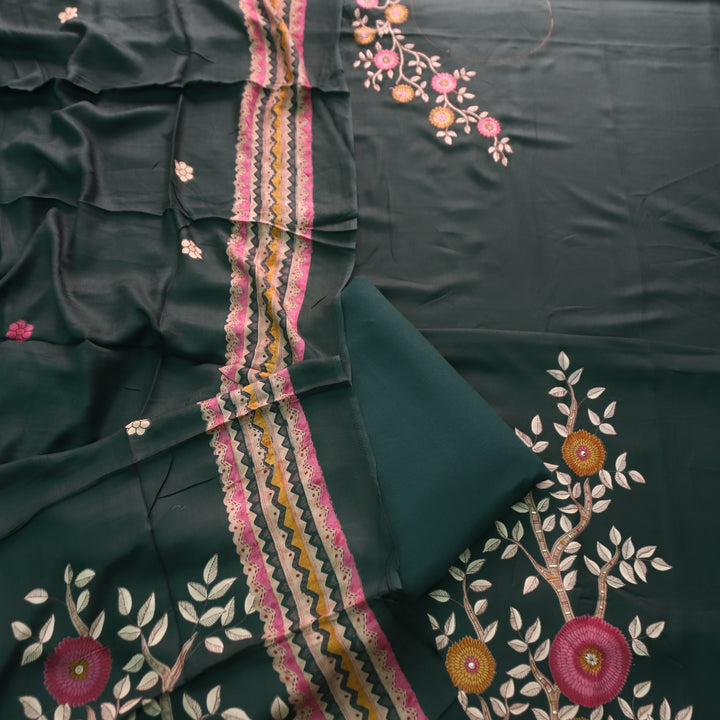 निकुंज Dark Green Balanced By Floral Embroidery Work Semi Pashmina Winter Set