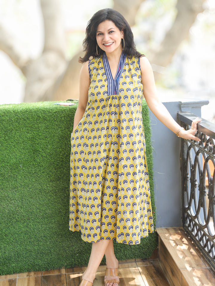 Eyana Butter Yellow Ajrakh Print Cotton Dress