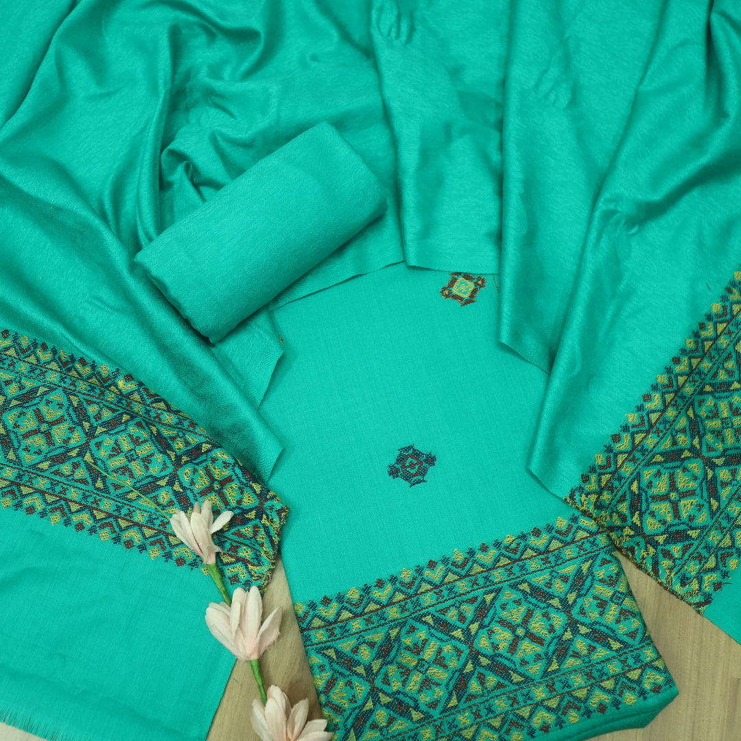 Kranti Cyan Teal Kullu Thread Weaved Hem Semi Pashmina Winter Suit Set