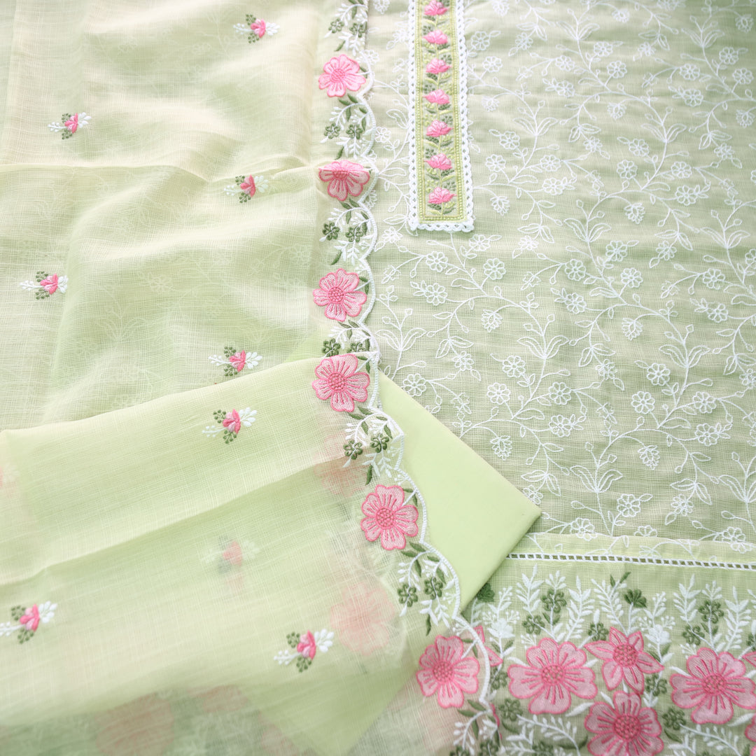 Mahi Minty Green Floral Lace Patch in All Over Embroidered Kota Doriya Suit Set