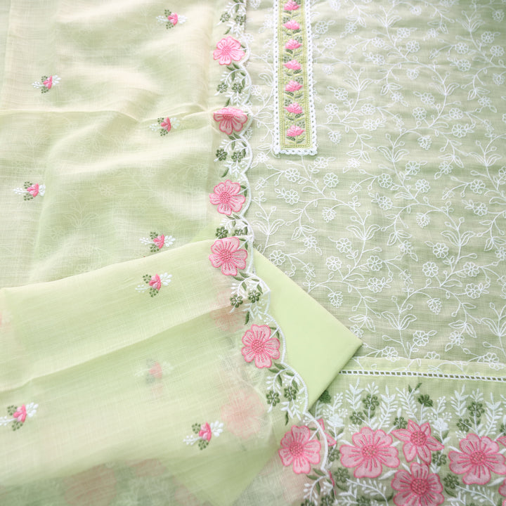 Mahi Minty Green Floral Lace Patch in All Over Embroidered Kota Doriya Suit Set