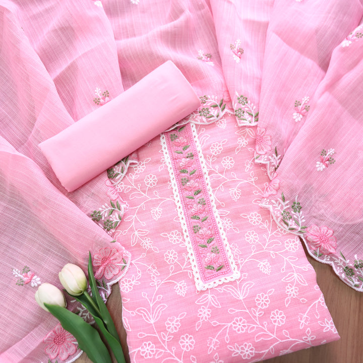 Mahi Frosty Pink Floral Lace Patch in All Over Embroidered Kota Doriya Suit Set