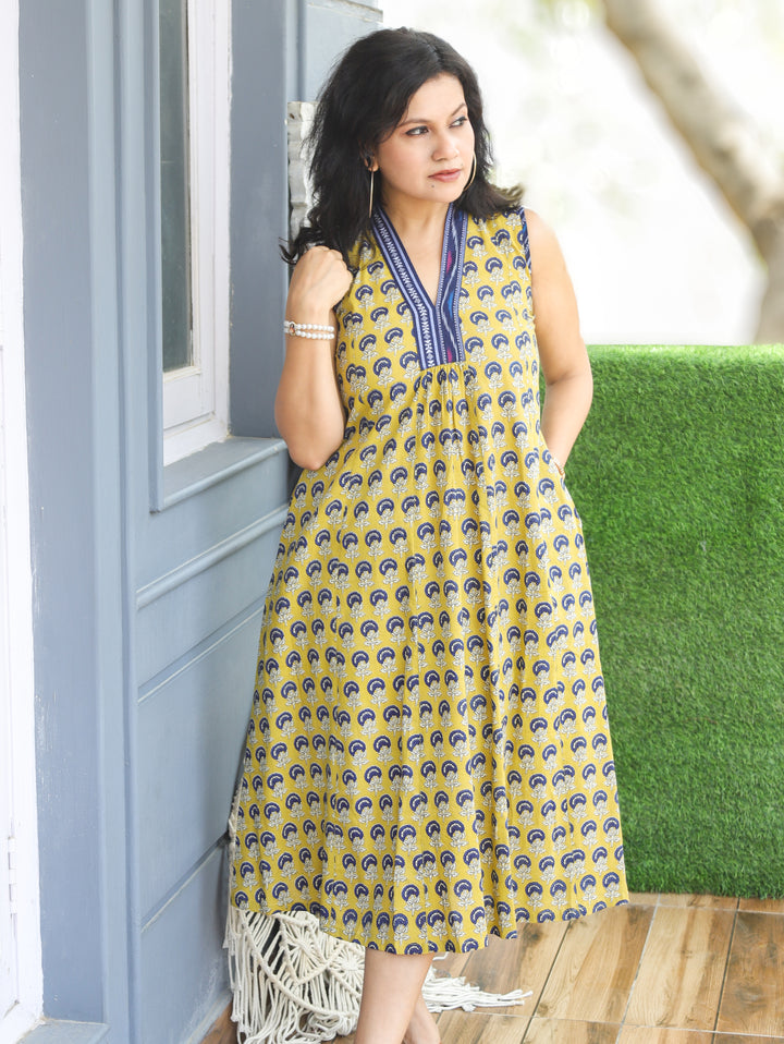 Eyana Butter Yellow Ajrakh Print Cotton Dress