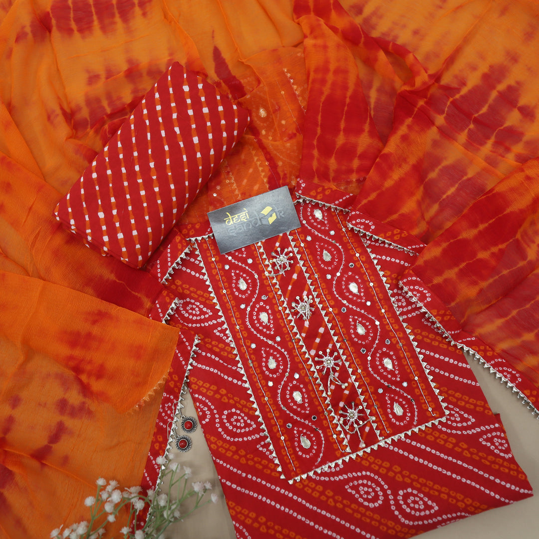 Bright Red Authentic Bandhani Cotton Top with Shibori Chiffon Dupatta Set