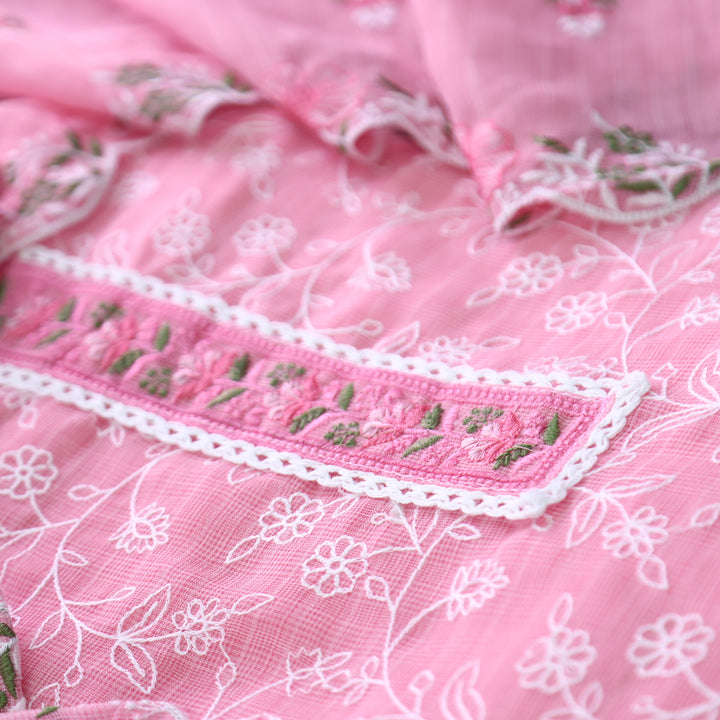 Mahi Frosty Pink Floral Lace Patch in All Over Embroidered Kota Doriya Suit Set