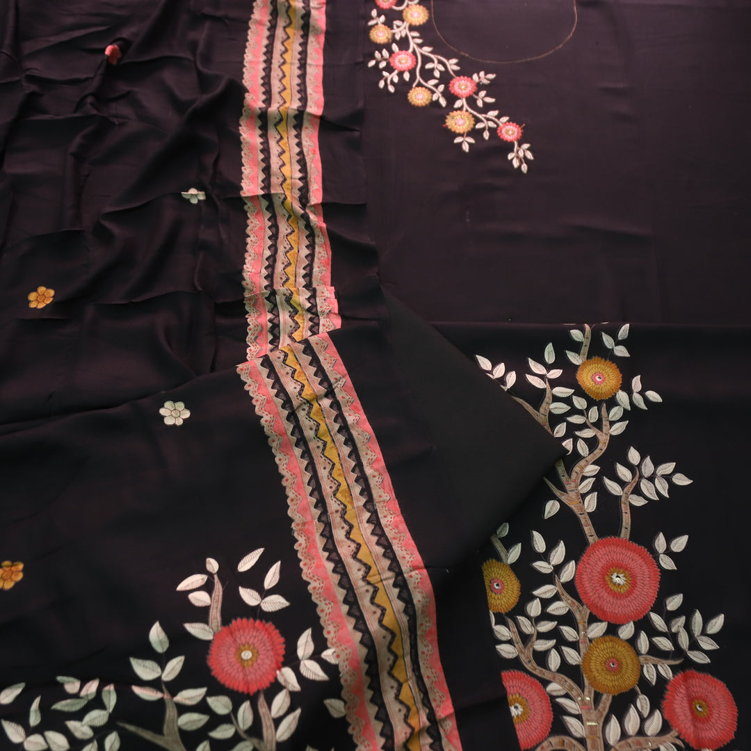 निकुंज Oil Black Balanced By Floral Embroidery Work Semi Pashmina Winter Set