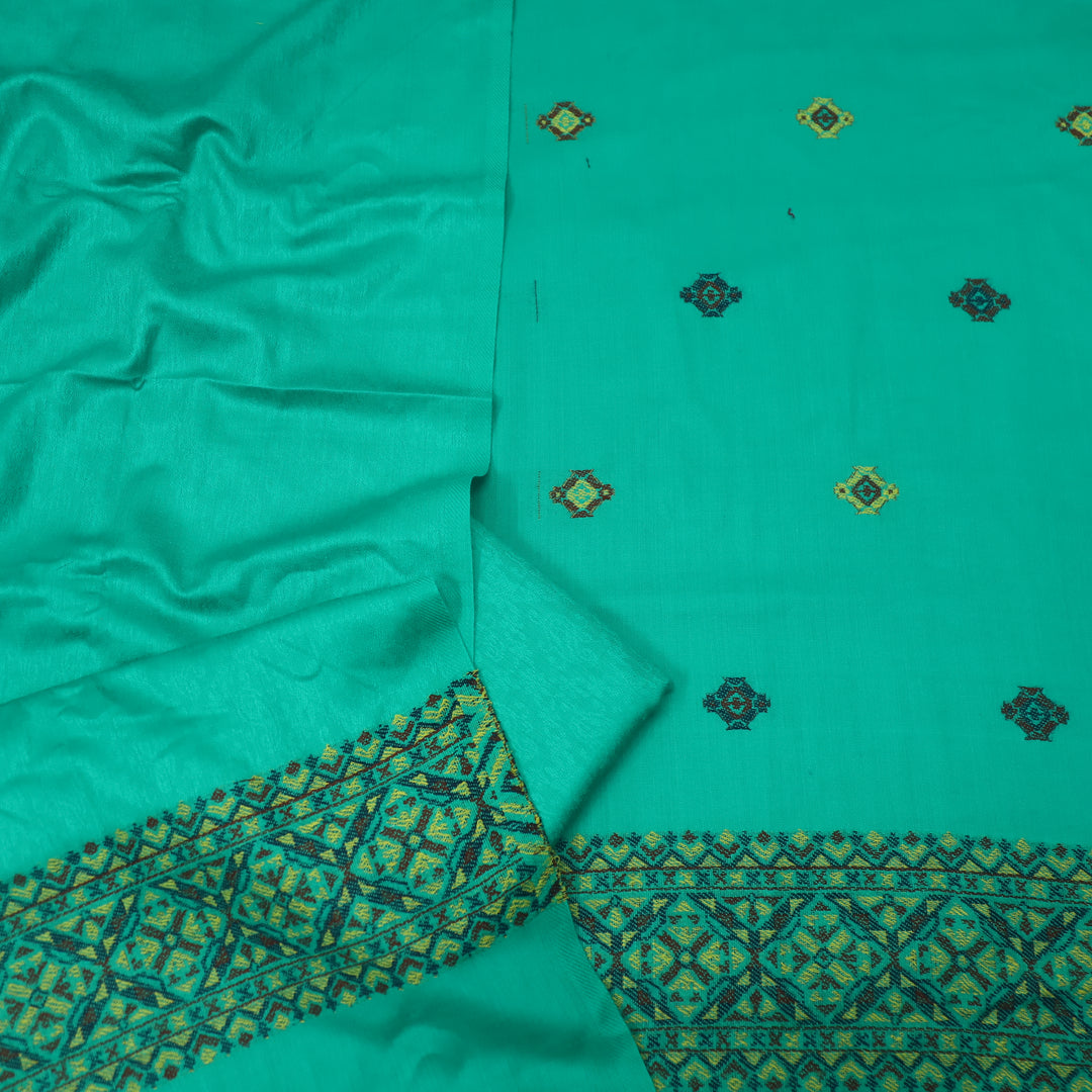 Kranti Cyan Teal Kullu Thread Weaved Hem Semi Pashmina Winter Suit Set