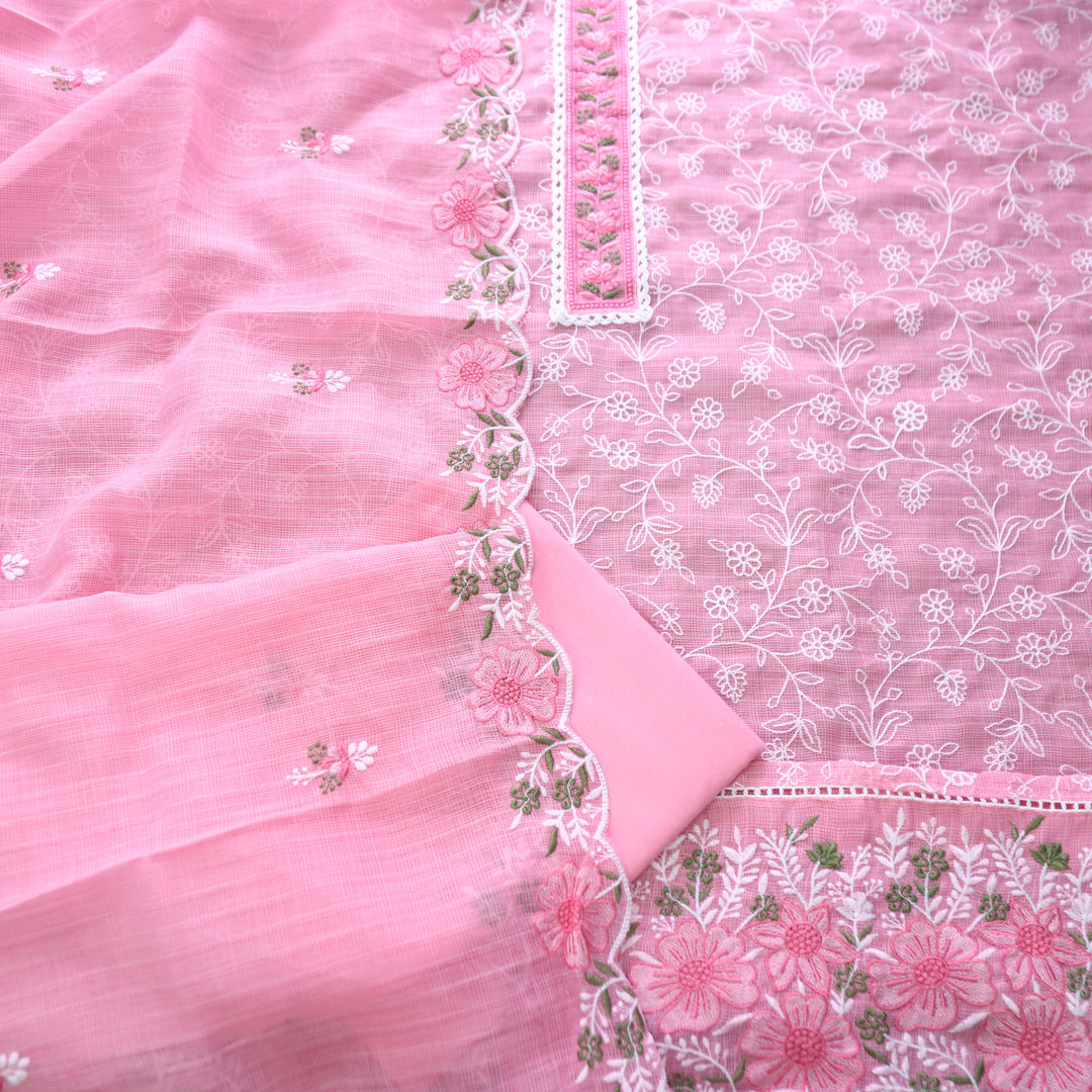 Mahi Frosty Pink Floral Lace Patch in All Over Embroidered Kota Doriya Suit Set
