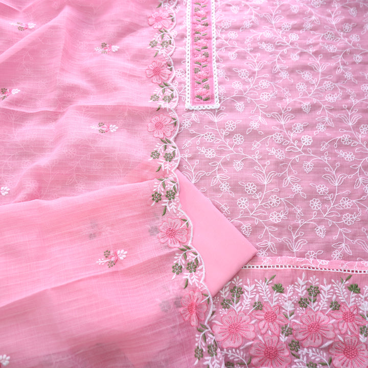 Mahi Frosty Pink Floral Lace Patch in All Over Embroidered Kota Doriya Suit Set