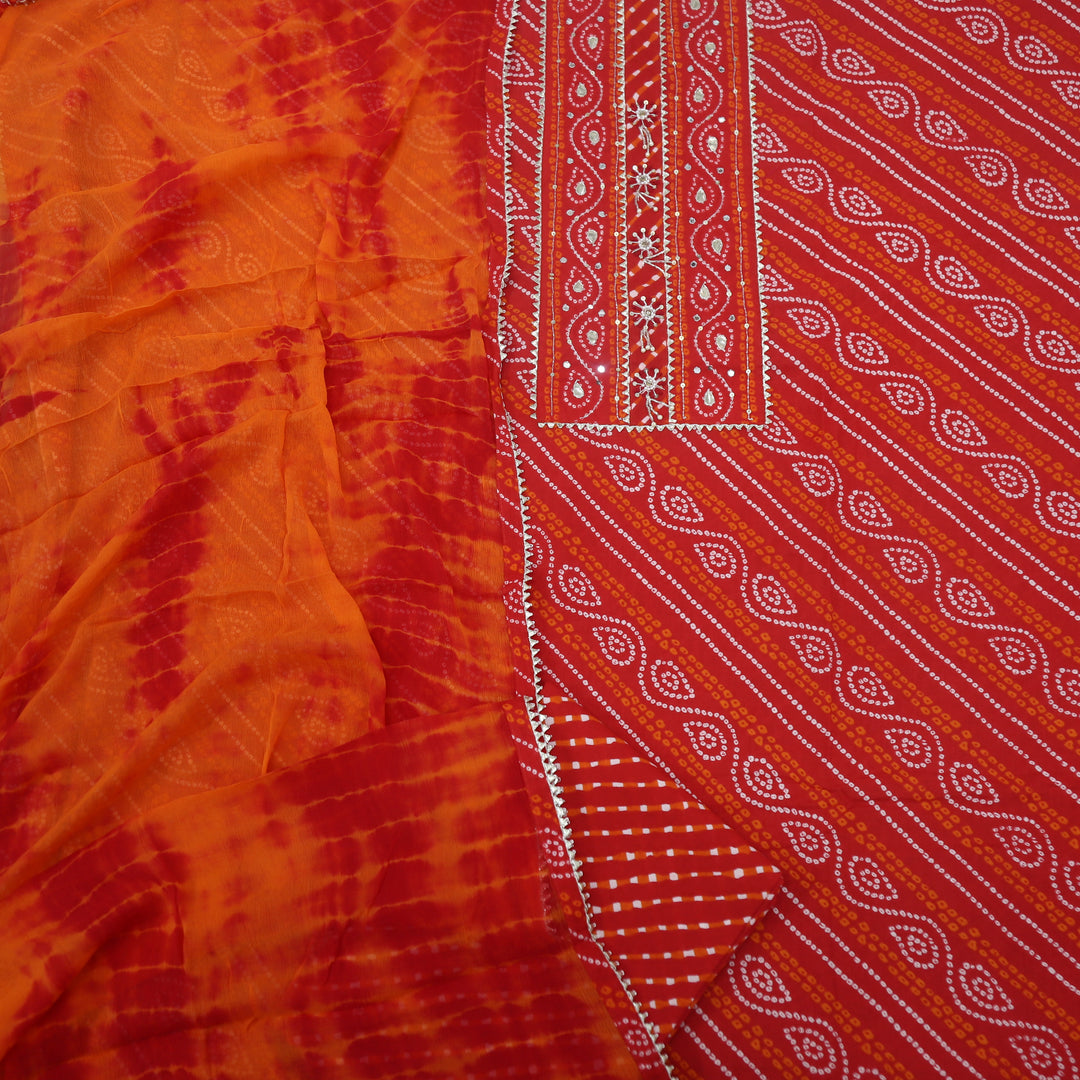 Bright Red Authentic Bandhani Cotton Top with Shibori Chiffon Dupatta Set