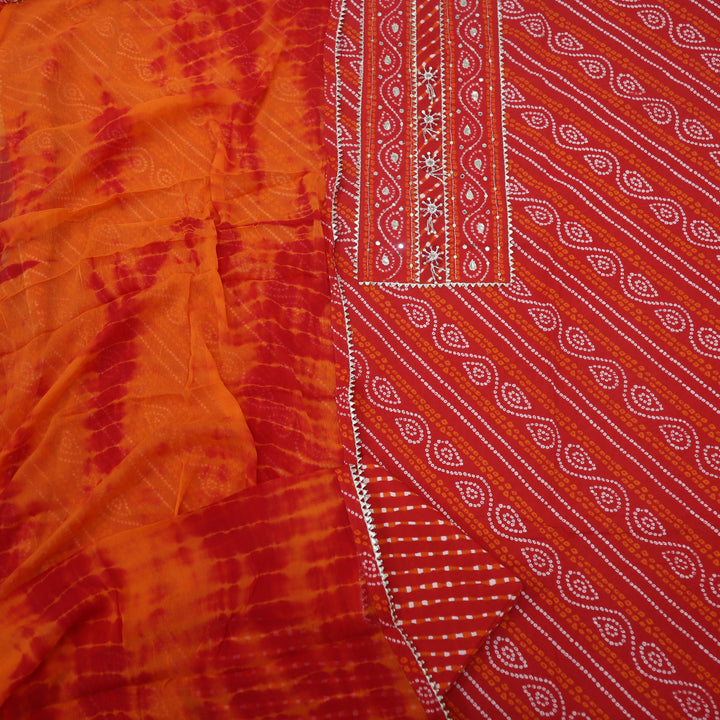 Bright Red Authentic Bandhani Cotton Top with Shibori Chiffon Dupatta Set