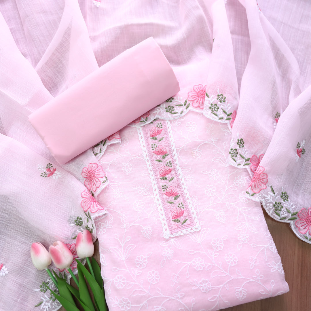 Mahi Pearl Pink Floral Lace Patch in All Over Embroidered Kota Doriya Suit Set