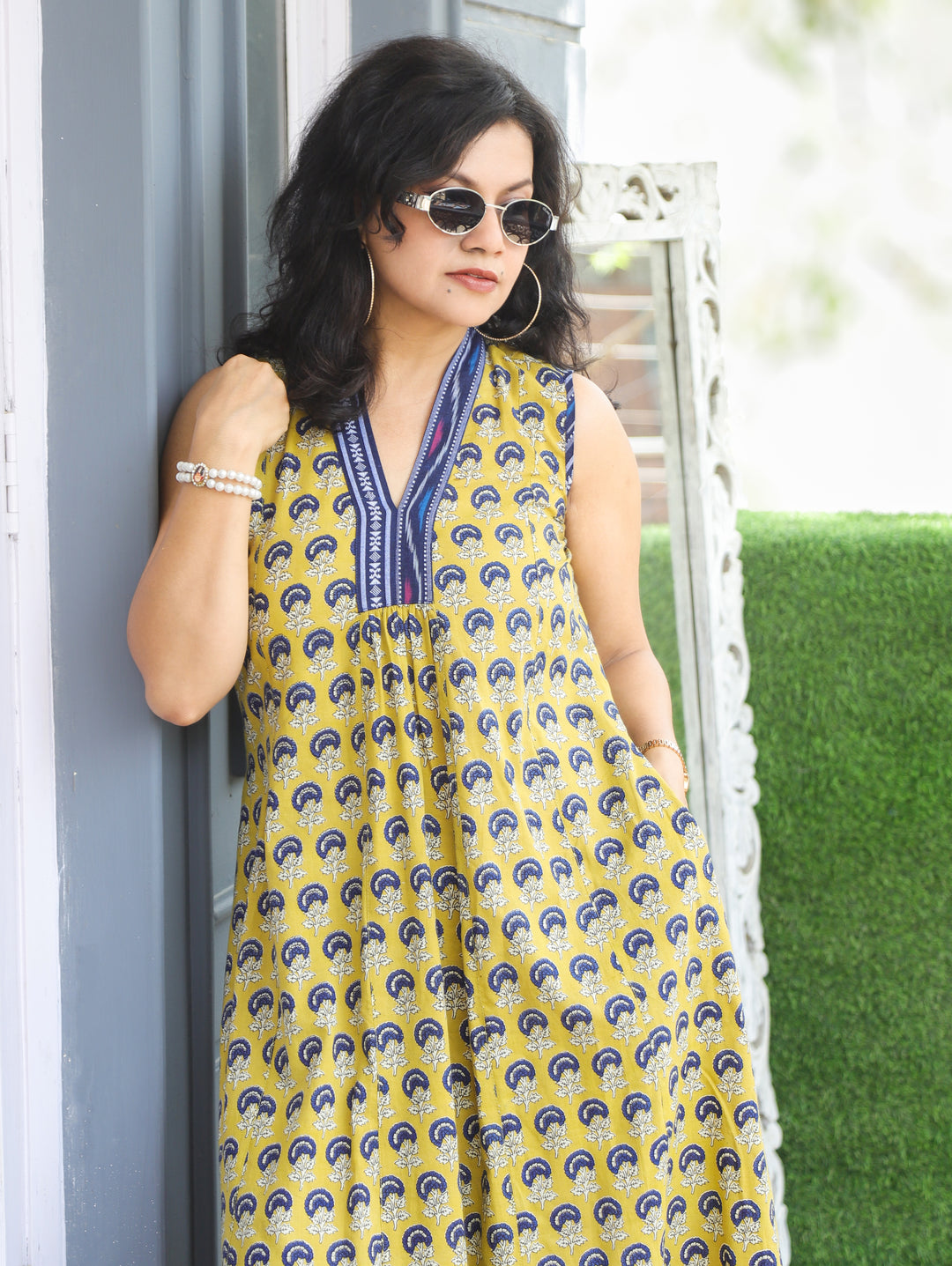Eyana Butter Yellow Ajrakh Print Cotton Dress