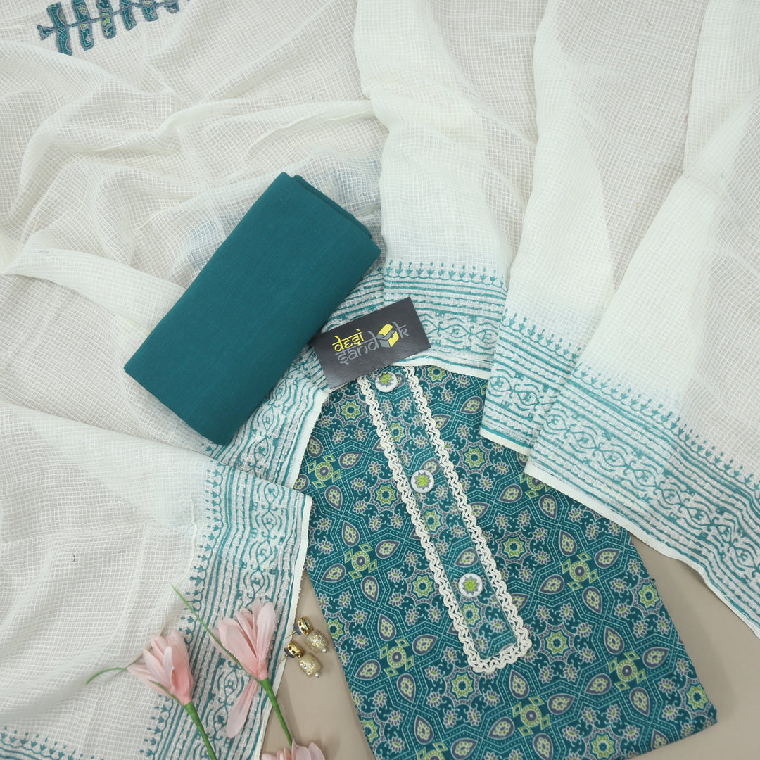 Forest Green Cotton Printed Top with Lace Work Neck and Dupatta Set
