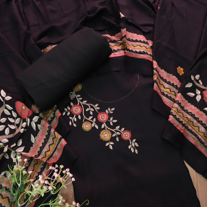 निकुंज Oil Black Balanced By Floral Embroidery Work Semi Pashmina Winter Set