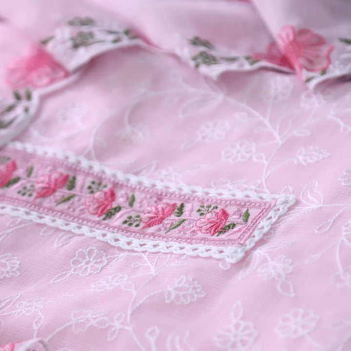 Mahi Pearl Pink Floral Lace Patch in All Over Embroidered Kota Doriya Suit Set