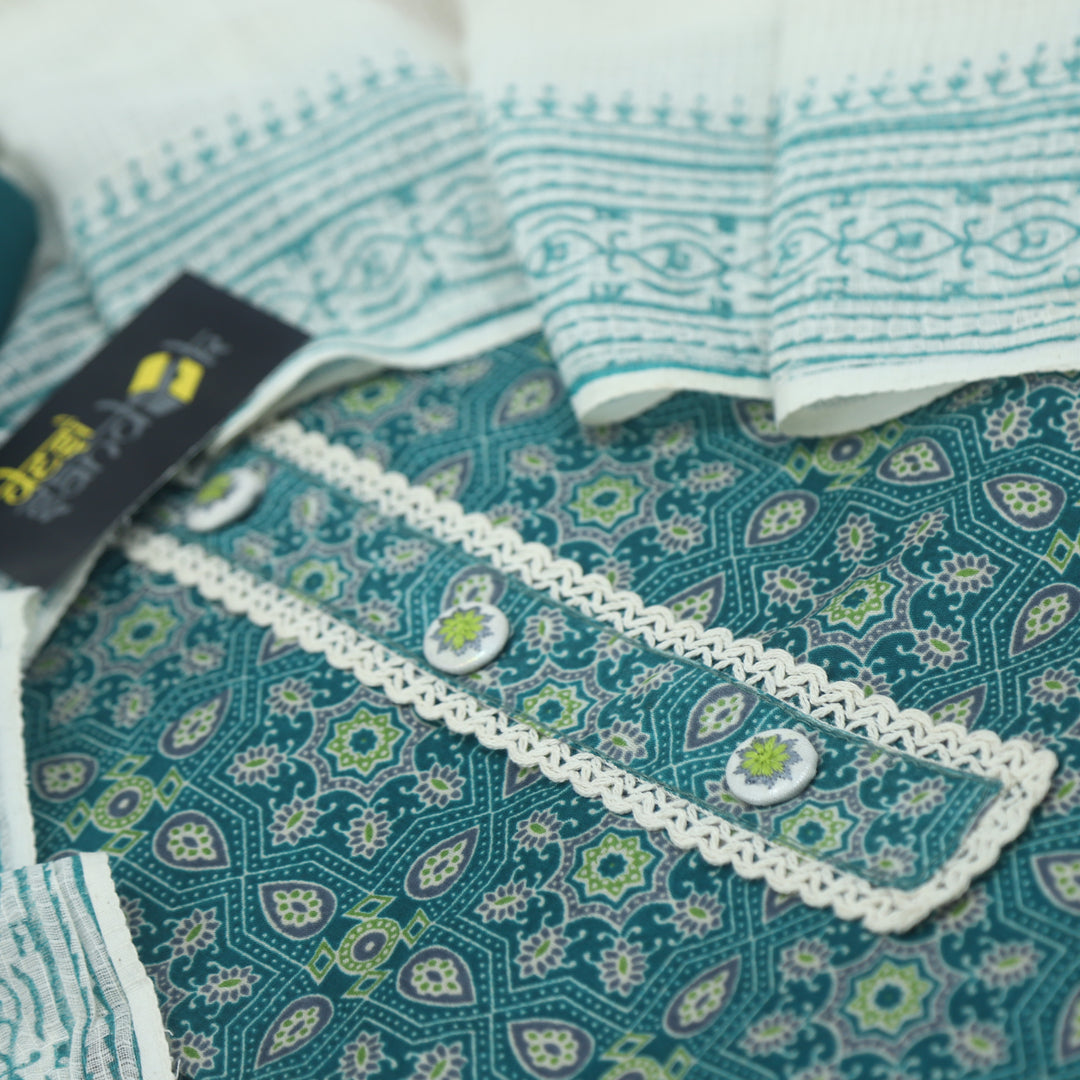 Forest Green Cotton Printed Top with Lace Work Neck and Dupatta Set