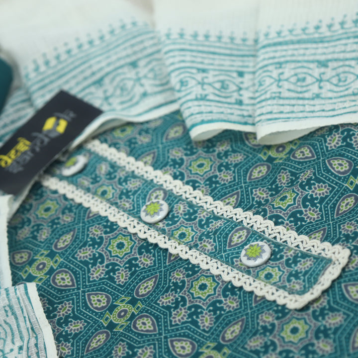 Forest Green Cotton Printed Top with Lace Work Neck and Dupatta Set
